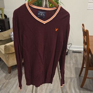 American Eagle Outfitters Maroon V-Neck Sweater with Orange Trim